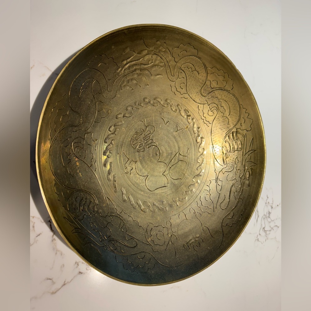 Vintage Chinese Brass Dragon Decorative Bowl / Plate